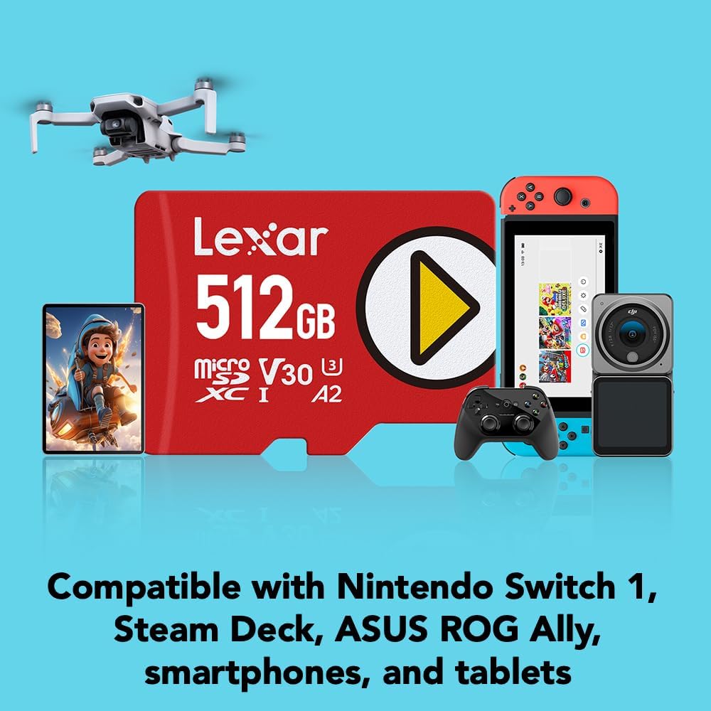 Lexar PLAY 512GB microSDXC UHS-I Card (up to 205MB/s) — shown with compatible handheld gaming devices