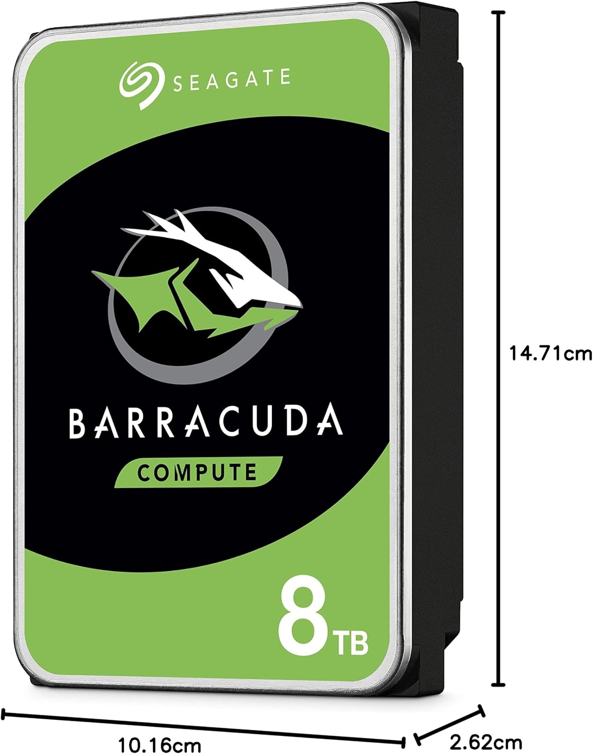 Seagate BarraCuda 8TB 3.5" 5400RPM SATA Internal Hard Drive — angled view with dimensions