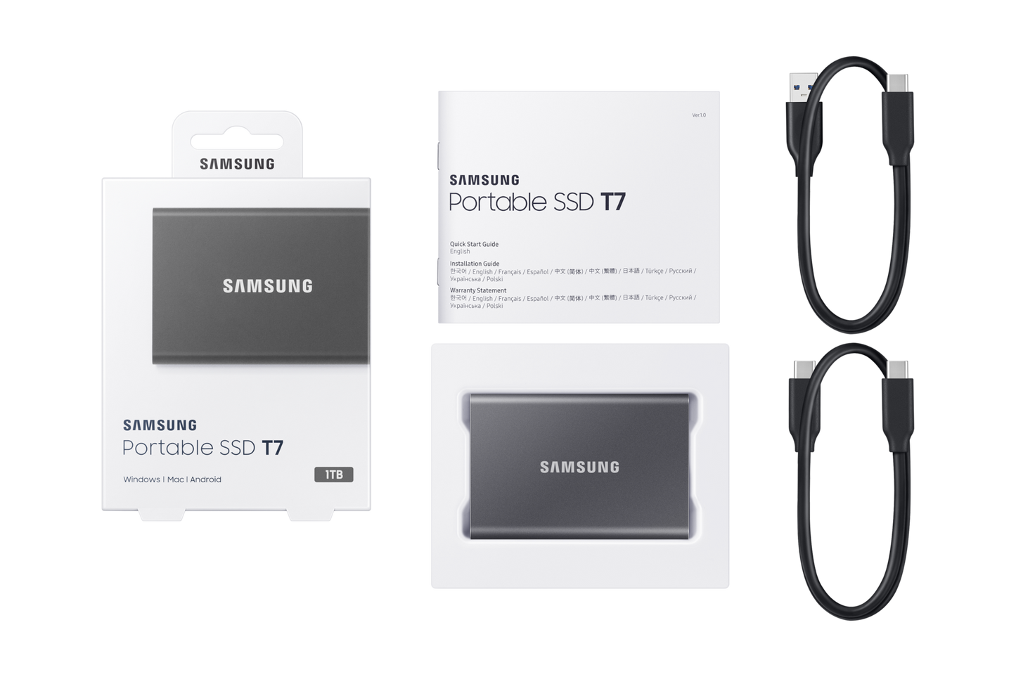 Samsung T7 1TB Portable SSD — box contents with USB-C cables