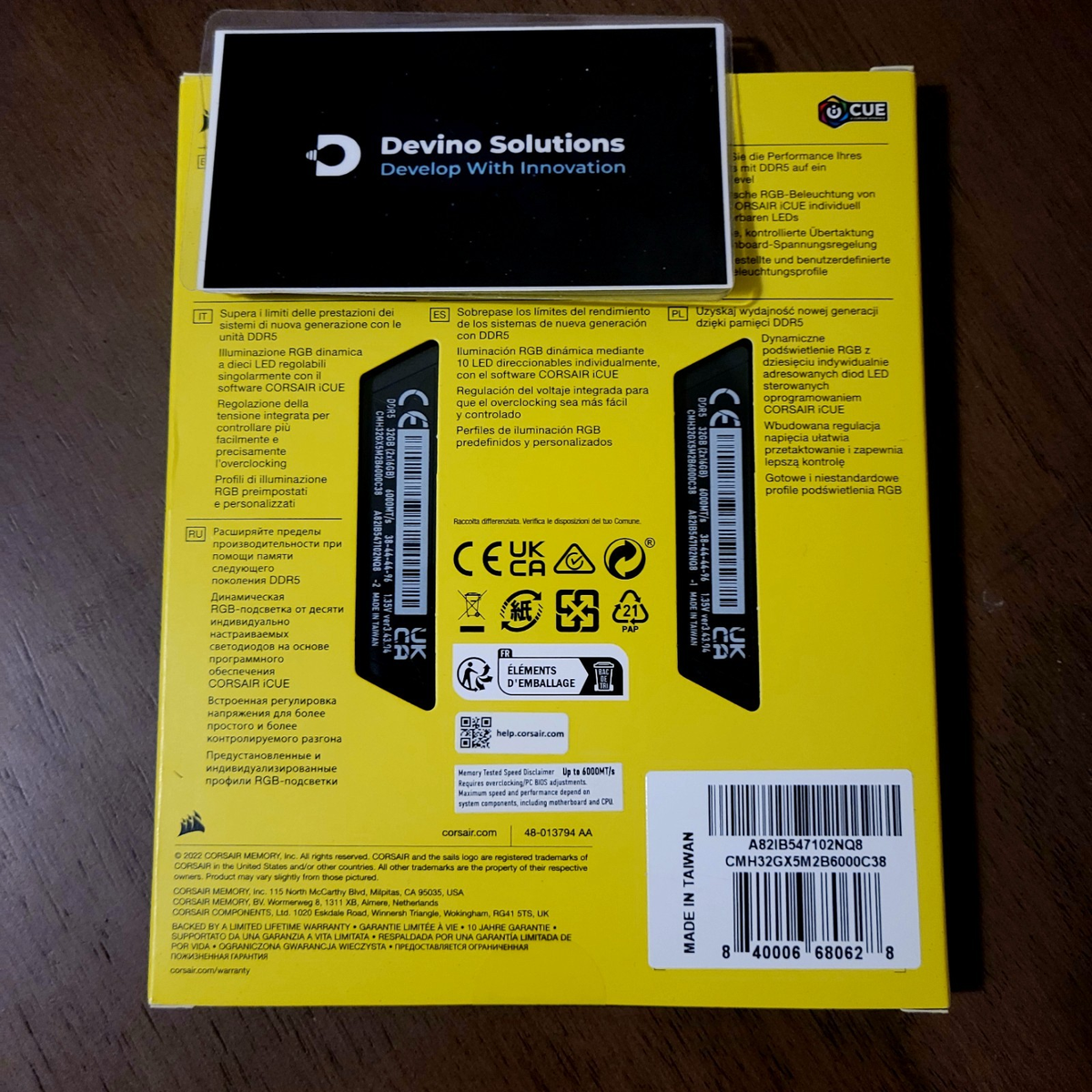 Corsair Vengeance RGB 32GB (2x16GB) DDR5-6000 — retail box back