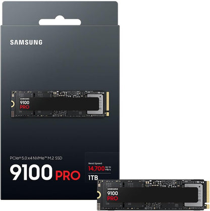 Samsung 9100 PRO 1TB NVMe PCIe 5.0 SSD — retail box and drive, 1TB
