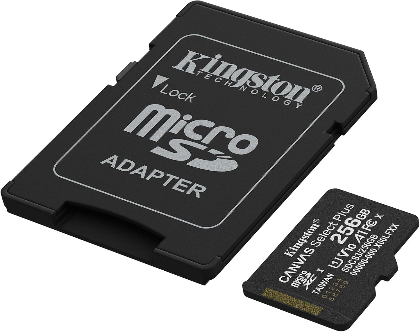 Kingston Canvas Select Plus 256GB microSDXC Memory Card — card and SD adapter, angled view