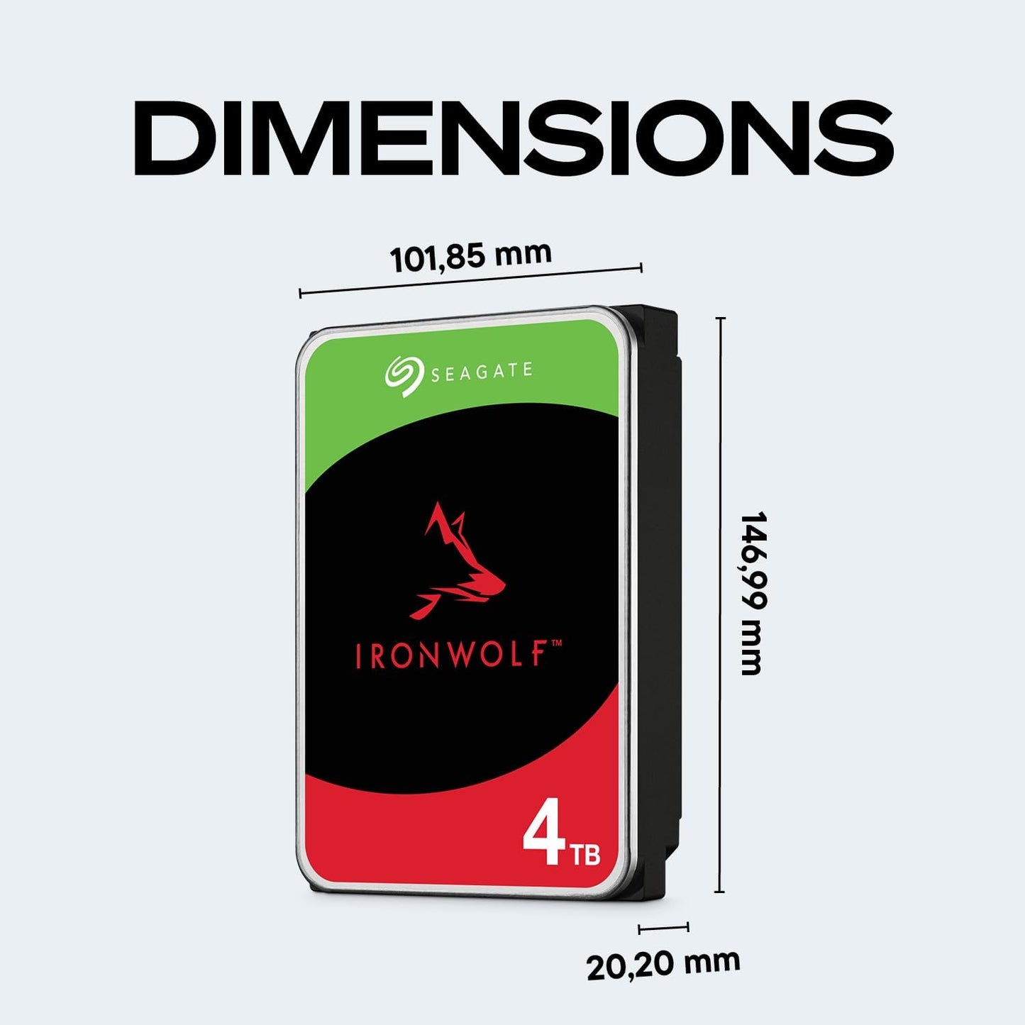 Seagate IronWolf 4TB 3.5" 5400RPM SATA NAS Internal Hard Drive — angled view with dimensions