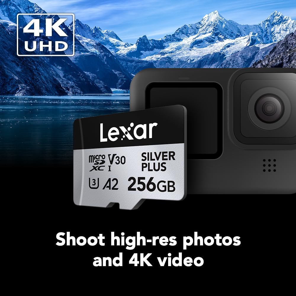 Lexar Professional Silver Plus 256GB microSDXC UHS-I Card — shown with an action camera