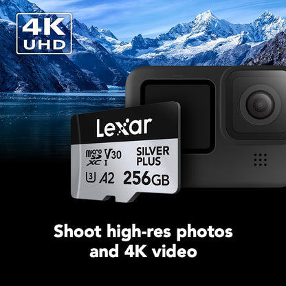 Lexar Professional Silver Plus 256GB microSDXC UHS-I Card — shown with an action camera