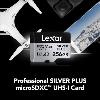 Lexar Professional Silver Plus 256GB microSDXC UHS-I Card — shown with a drone and smartphone