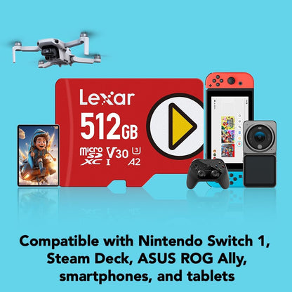 Lexar PLAY 512GB microSDXC UHS-I Card (up to 205MB/s) — shown with compatible handheld gaming devices