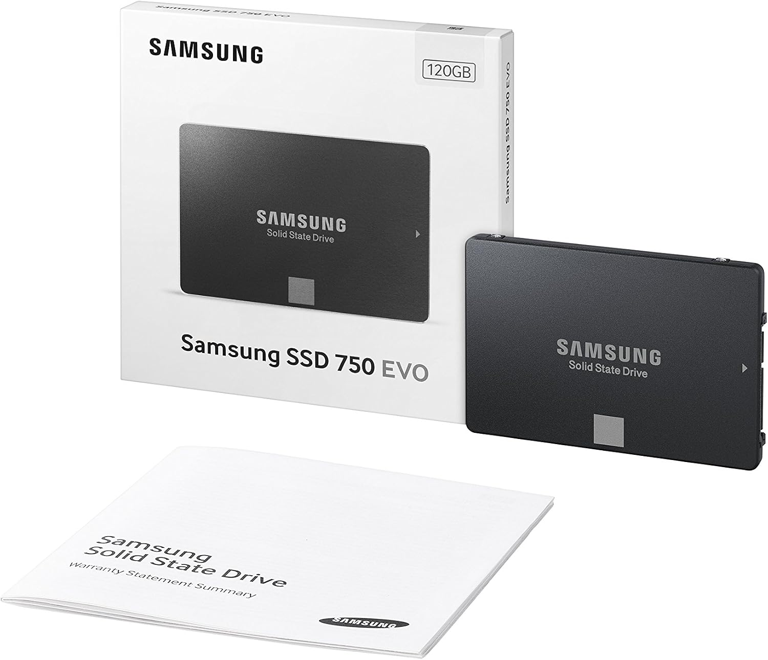 Samsung 750 EVO 120GB 2.5" SATA III SSD — retail box, drive and documentation