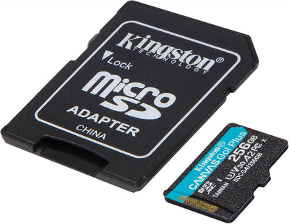 Kingston Canvas Go! Plus 256GB microSDXC Memory Card — card and SD adapter, angled view