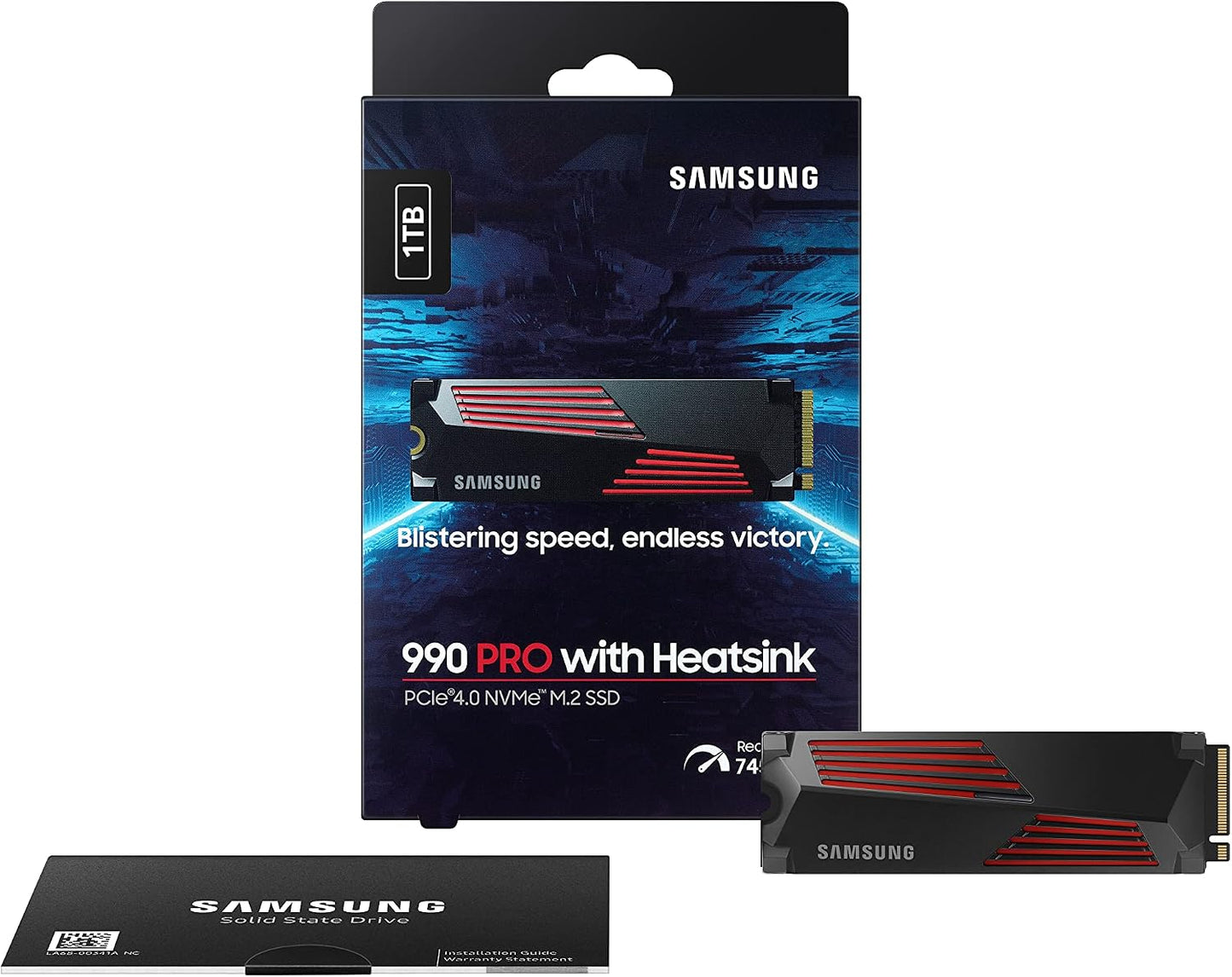 Samsung 990 PRO 1TB NVMe PCIe 4.0 SSD with Heatsink — retail box, heatsink drive and installation guide