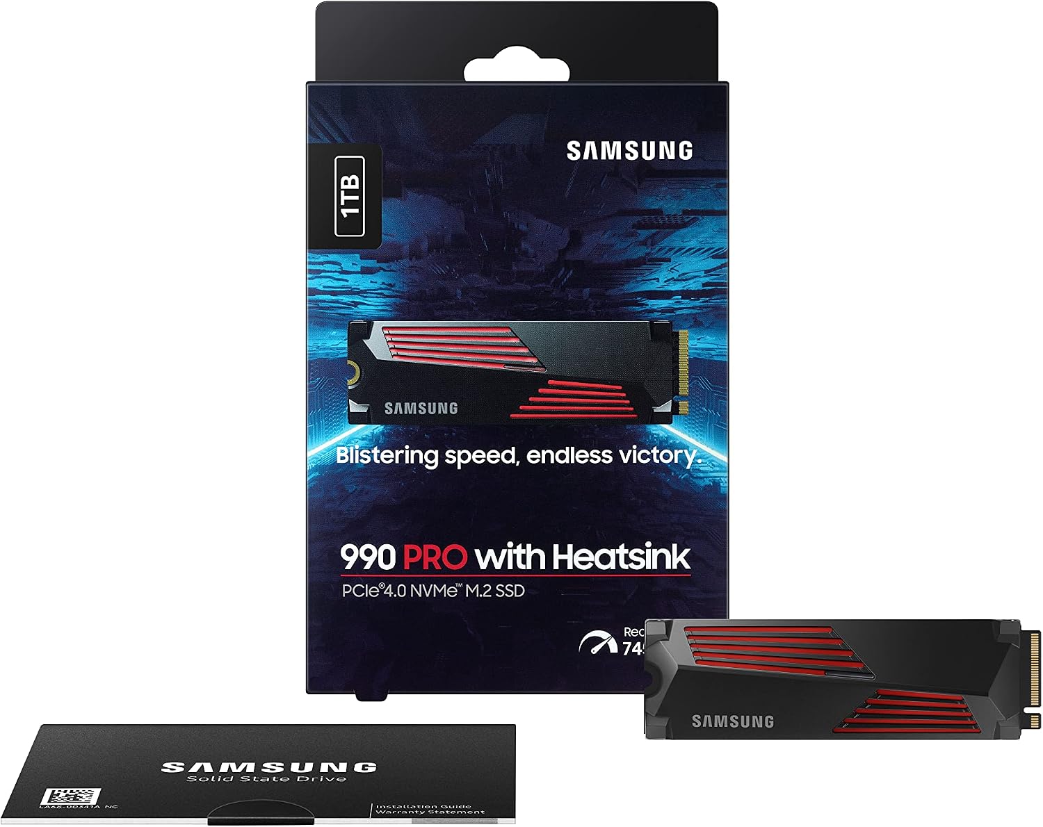 Samsung 990 PRO 1TB NVMe PCIe 4.0 SSD with Heatsink — retail box, heatsink drive and installation guide