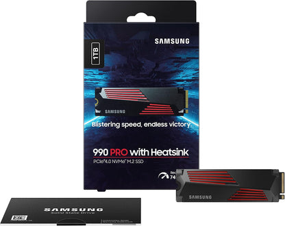 Samsung 990 PRO 1TB NVMe PCIe 4.0 SSD with Heatsink — retail box, heatsink drive and installation guide