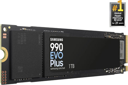 Samsung 990 EVO Plus 1TB NVMe PCIe SSD — angled product render, 1TB label