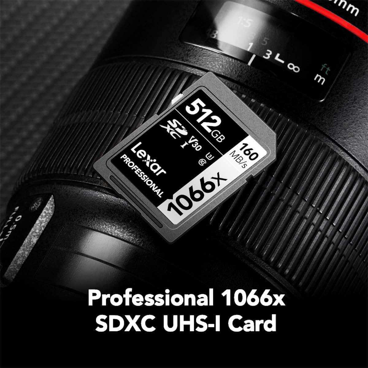 Lexar Professional 1066x 512GB SDXC UHS-I Card — shown resting on a camera lens