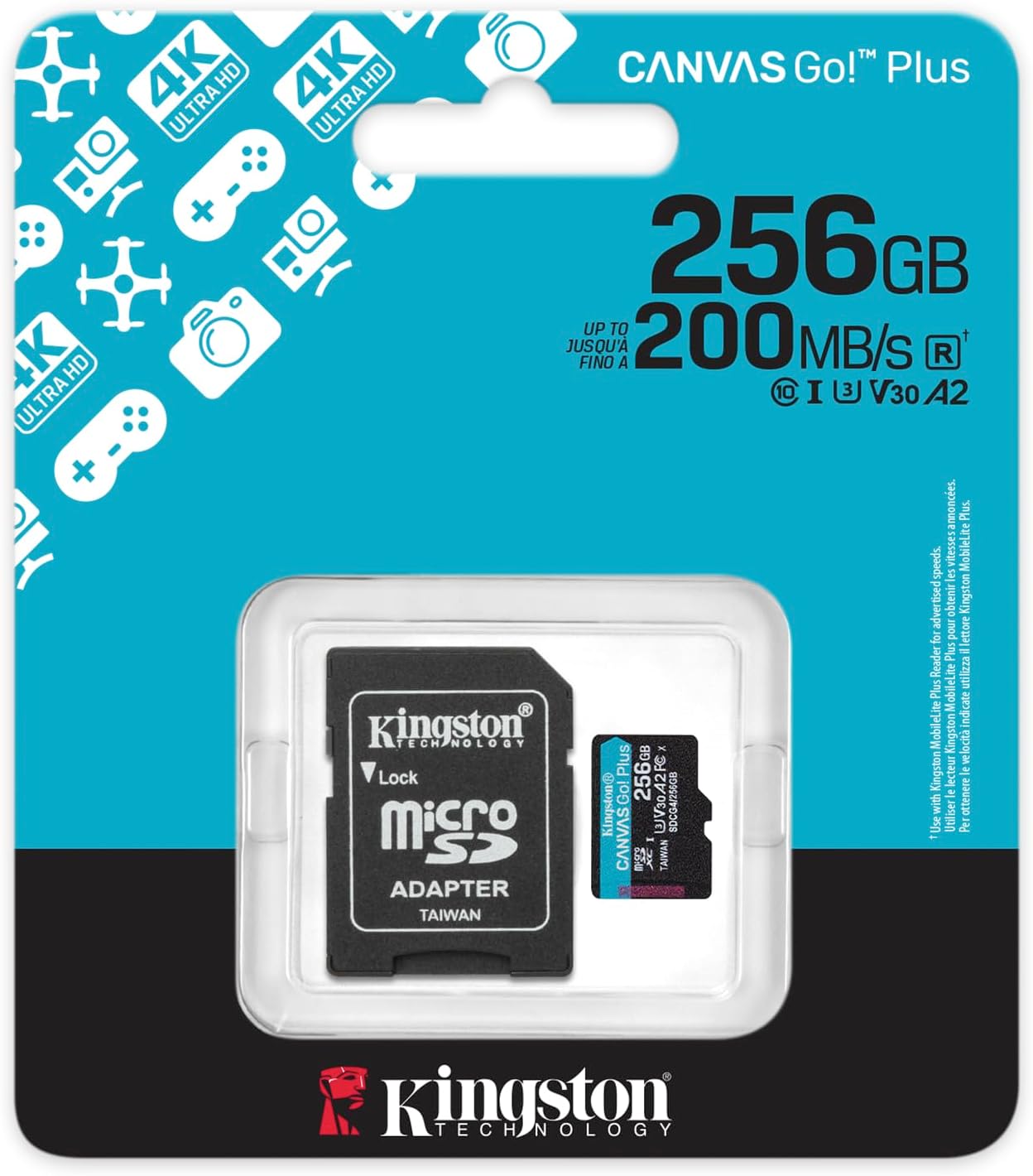 Kingston Canvas Go! Plus 256GB microSDXC Memory Card — retail package
