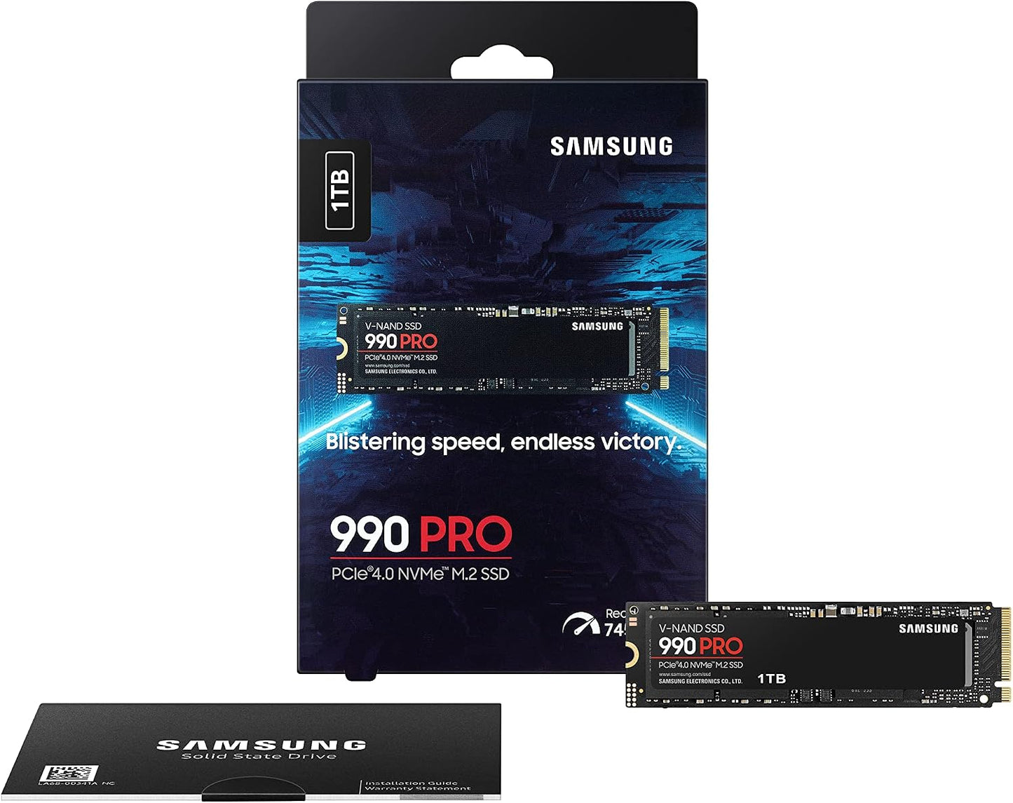 Samsung 990 PRO 1TB NVMe PCIe 4.0 SSD — retail box, drive and installation guide