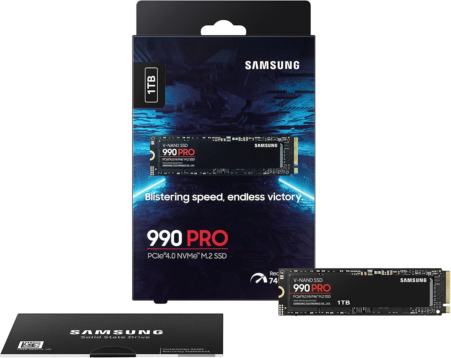 Samsung 990 PRO 1TB NVMe PCIe 4.0 SSD — retail box, drive and installation guide