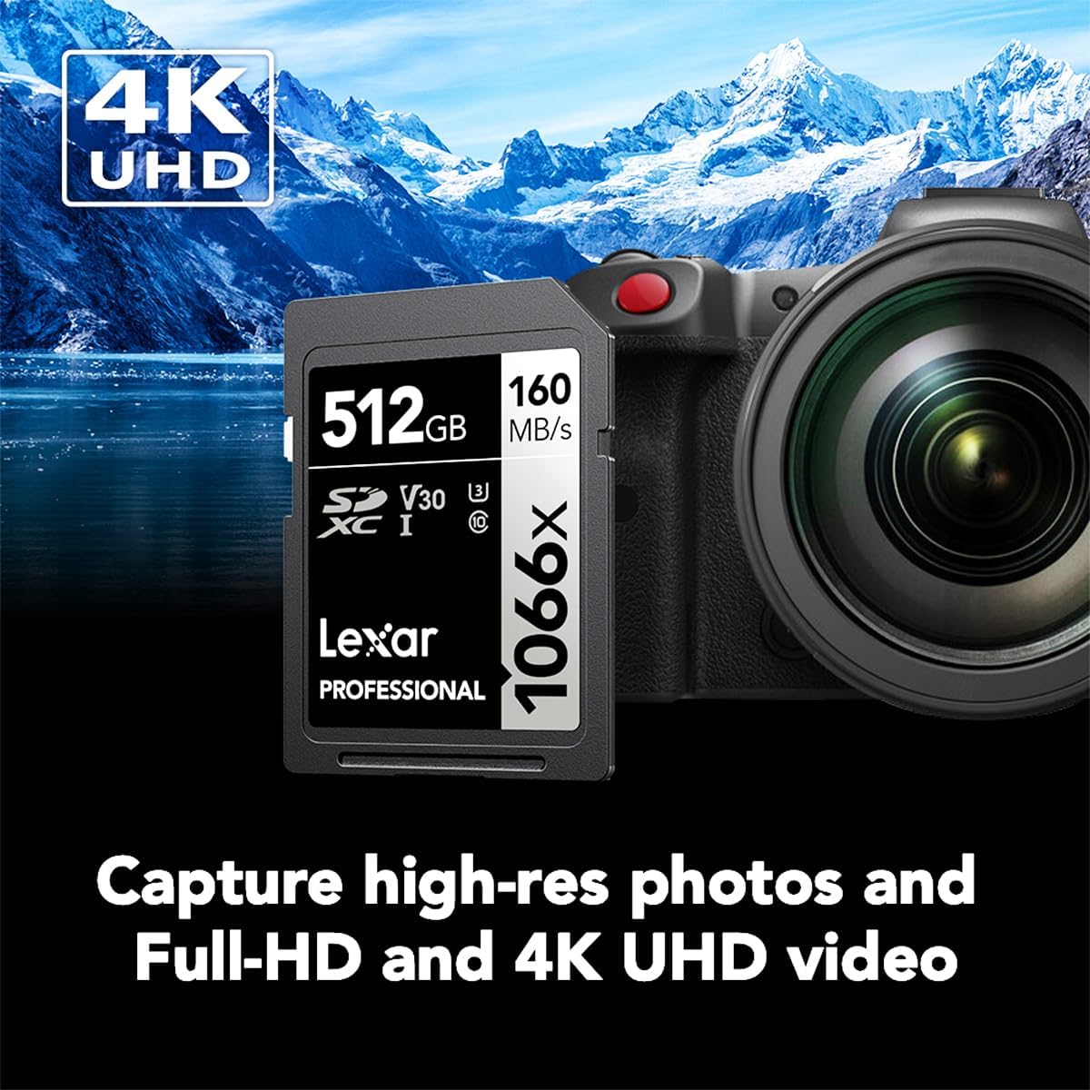 Lexar Professional 1066x 512GB SDXC UHS-I Card — shown with a mirrorless camera