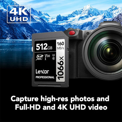 Lexar Professional 1066x 512GB SDXC UHS-I Card — shown with a mirrorless camera