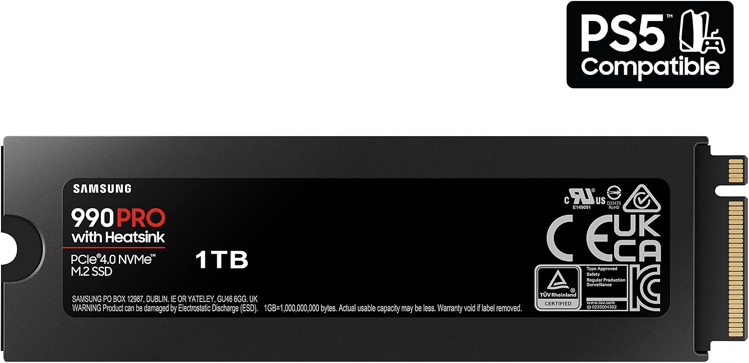 Samsung 990 PRO 1TB NVMe PCIe 4.0 SSD with Heatsink — underside label showing 1TB capacity