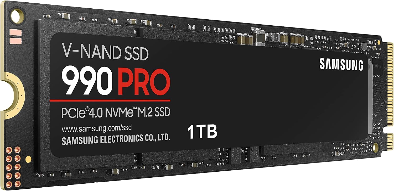 Samsung 990 PRO 1TB NVMe PCIe 4.0 SSD — angled product render, 1TB label