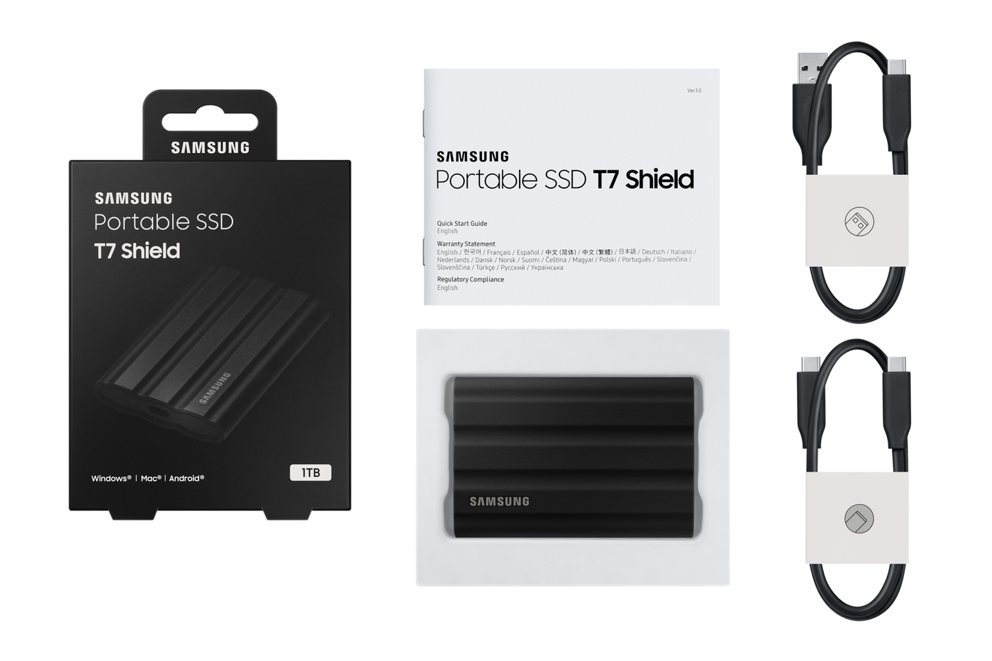 Samsung T7 Shield 1TB Portable SSD — box contents with USB-C cables