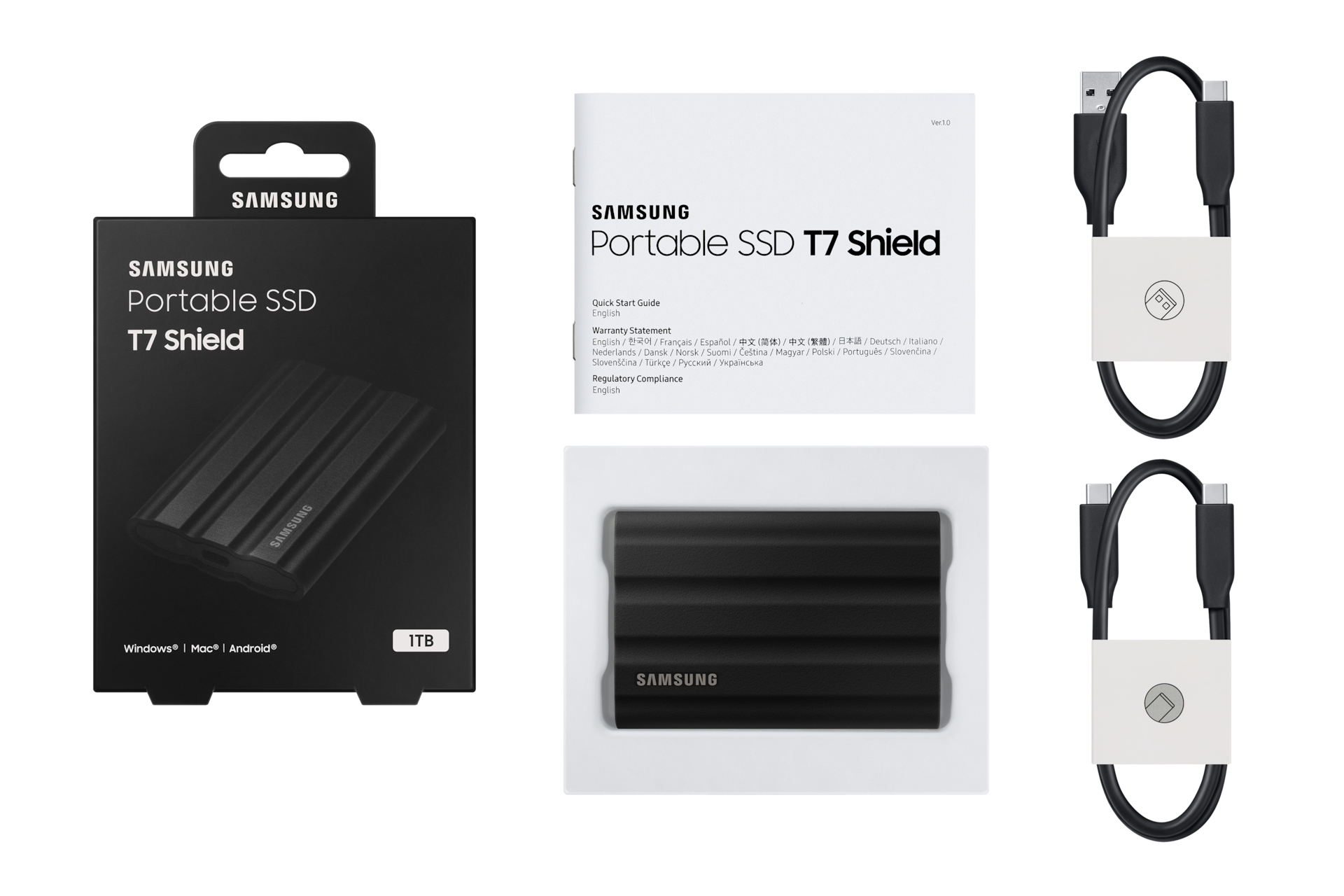 Samsung T7 Shield 1TB Portable SSD — box contents with USB-C cables