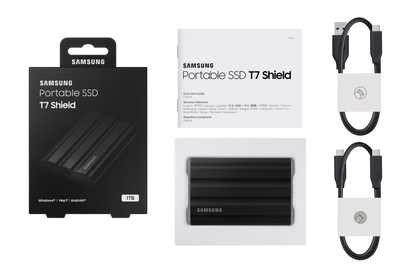 Samsung T7 Shield 1TB Portable SSD — box contents with USB-C cables