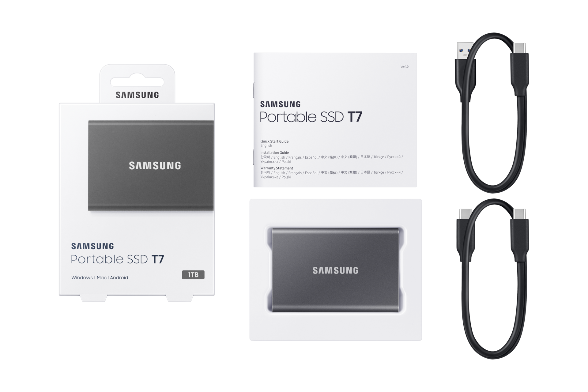 Samsung T7 1TB Portable SSD — box contents with USB-C cables