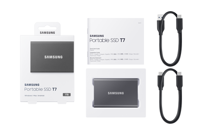 Samsung T7 1TB Portable SSD — box contents with USB-C cables