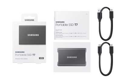 Samsung T7 2TB Portable SSD — box contents with USB-C cables
