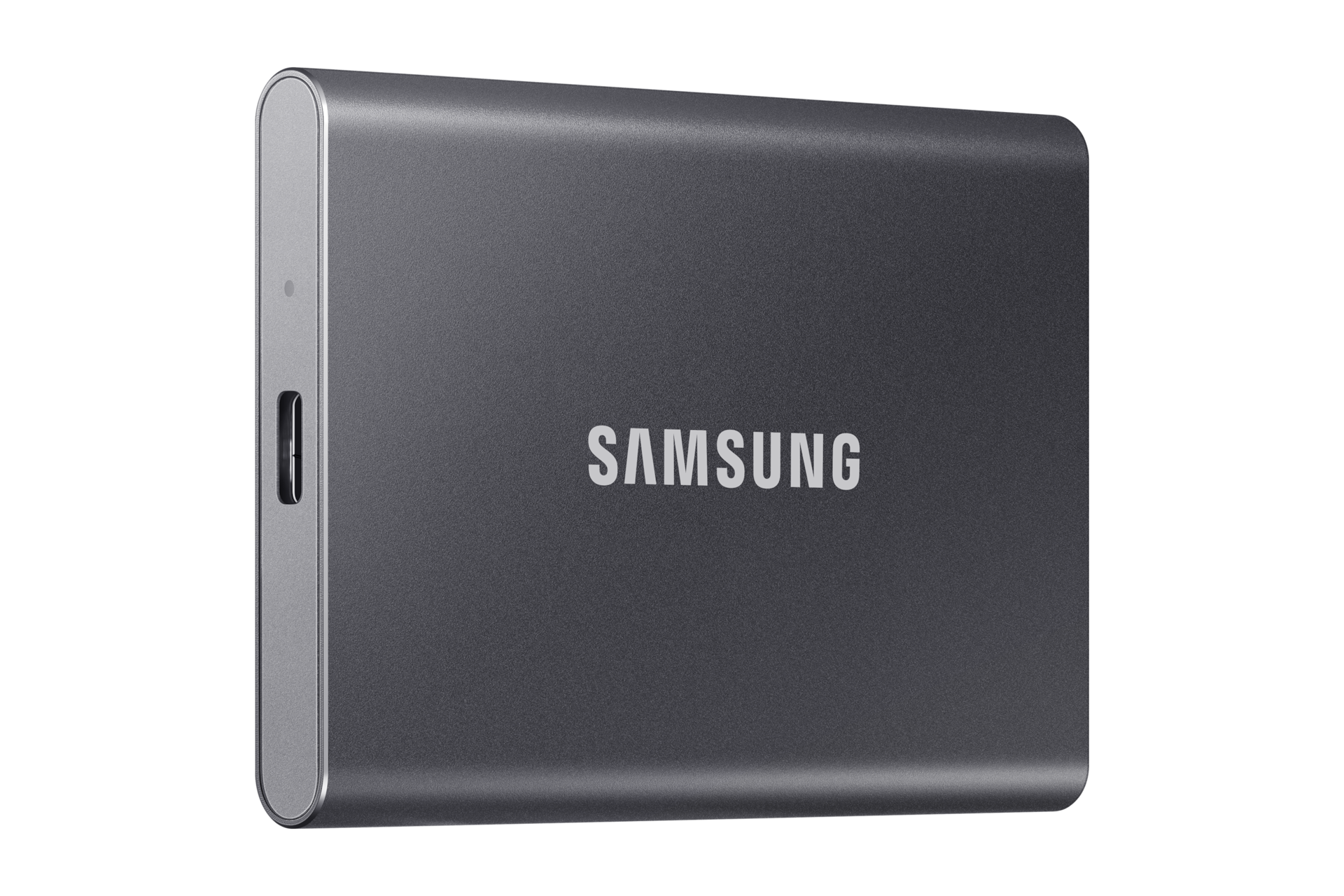Samsung T7 2TB Portable SSD — left three-quarter view with USB-C port