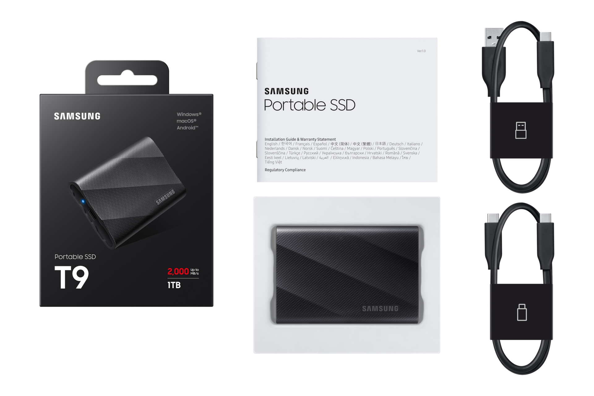 Samsung T9 1TB Portable SSD — box contents with USB-C cables