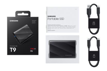 Samsung T9 1TB Portable SSD — box contents with USB-C cables