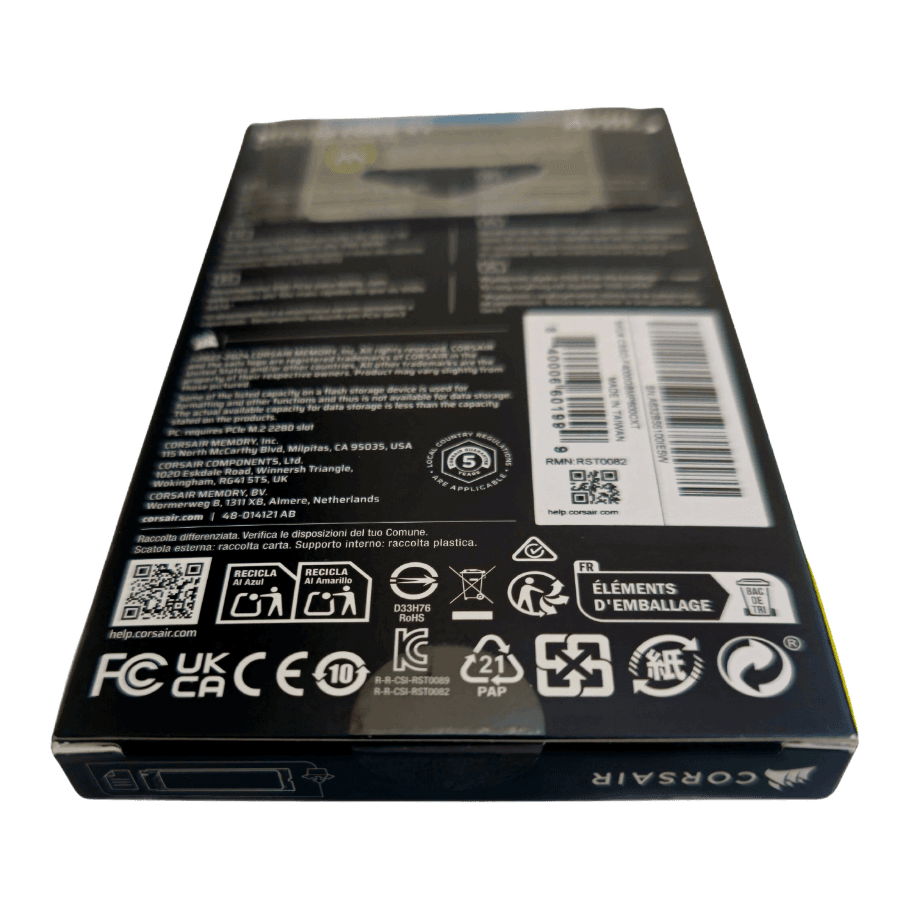 Corsair MP600 CORE XT 4TB PCIe Gen4 NVMe SSD — retail box, angled view