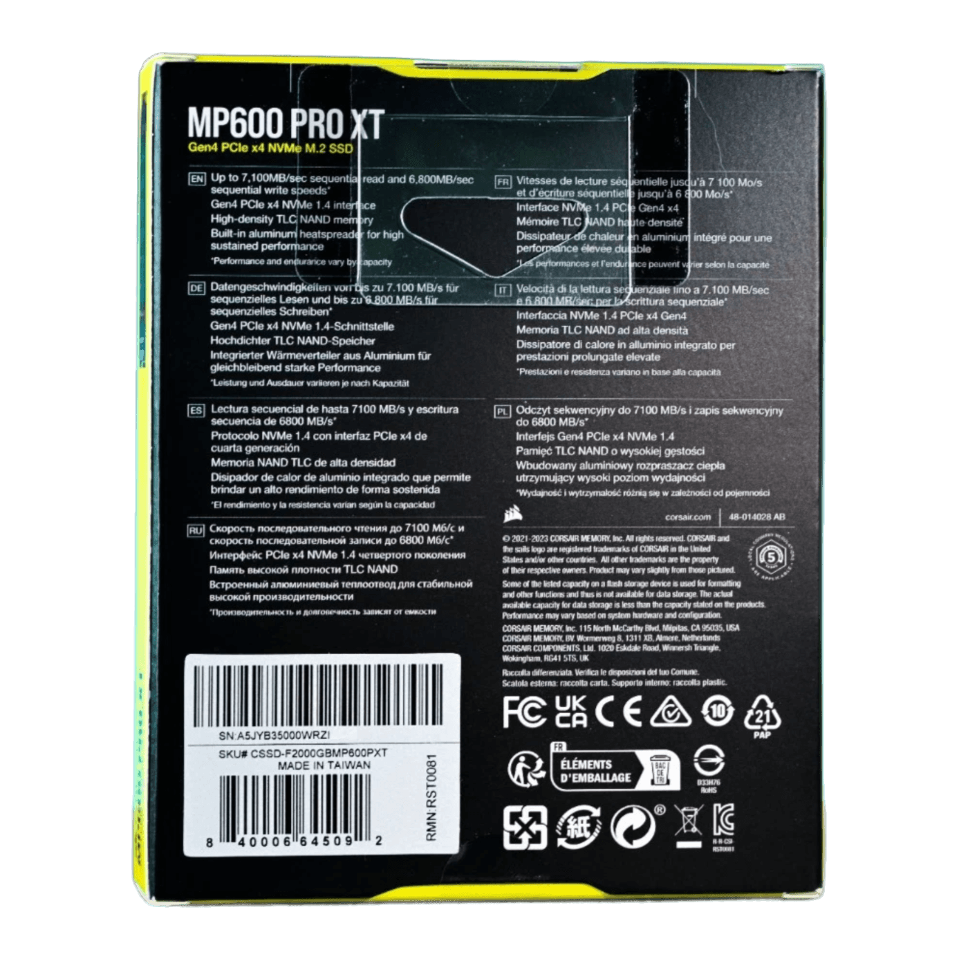 Corsair MP600 PRO XT 2TB PCIe Gen4 NVMe SSD — retail box, back