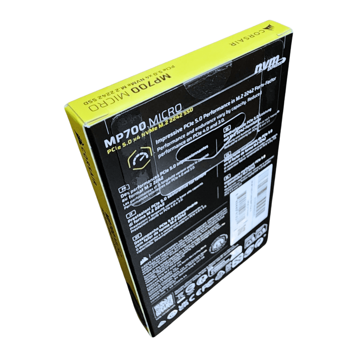 Corsair MP700 MICRO 2TB PCIe Gen5 NVMe SSD (M.2 2242) — retail box, rear angled view