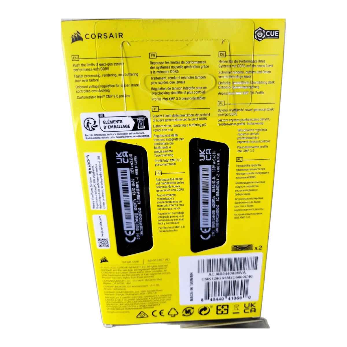 CORSAIR Vengeance DDR5 RAM 128GB (2x64GB) 6000MHz CL40-50-50-96 1.35V Intel XMP — box back / regulatory + spec panel with modules in window