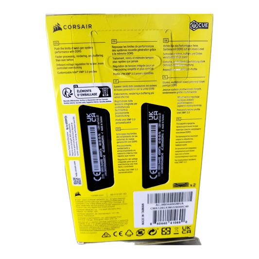 CORSAIR Vengeance DDR5 RAM 128GB (2x64GB) 6000MHz CL40-50-50-96 1.35V Intel XMP — box back / regulatory + spec panel with modules in window