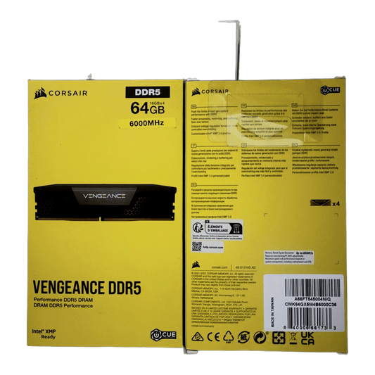 Corsair Vengeance DDR5 RAM 64GB (4x16GB) 6000MHz iCUE XMP CL36 AMD Intel — box front + back flat-lay (spec label legible); Devino card corner