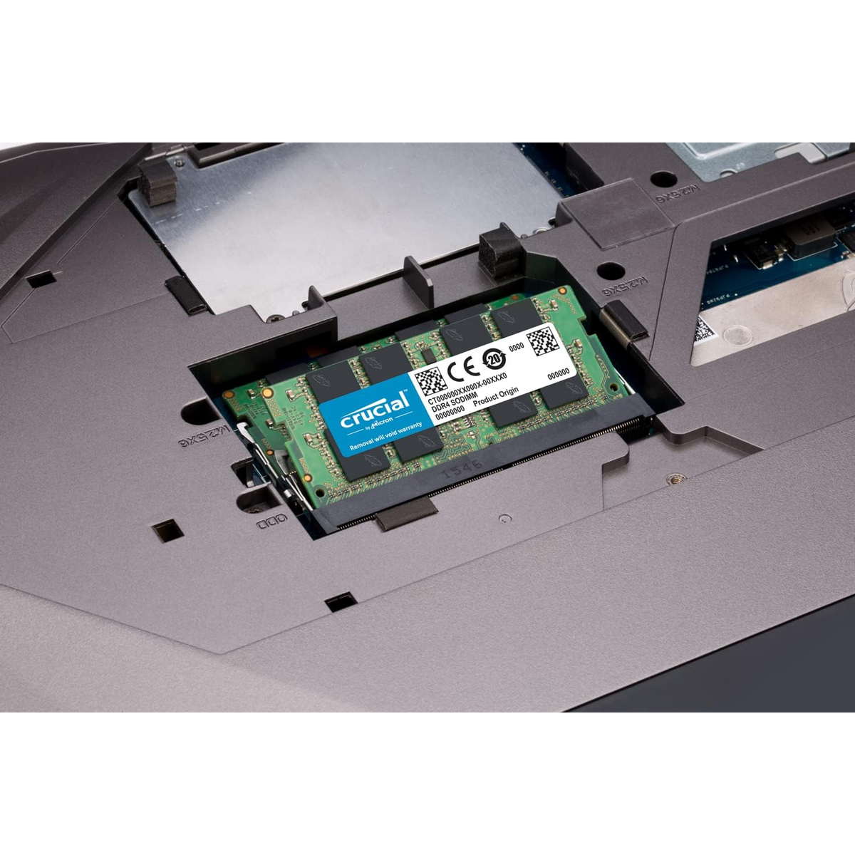 Crucial 16GB DDR4 3200MHz SO-DIMM — seated in a laptop memory slot