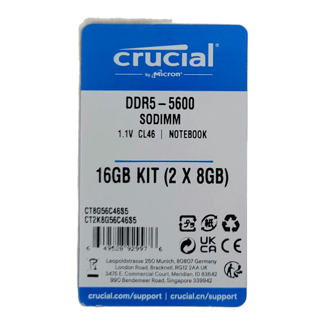 NEW Crucial 16GB Kit (2x8GB) DDR5 5600 MHz Laptop RAM Memory SODIMM Intel & AMD — clean blister front, 'DDR5-5600 SODIMM 16GB KIT (2x8GB) NOTEBOOK' fully legible; strong alt hero