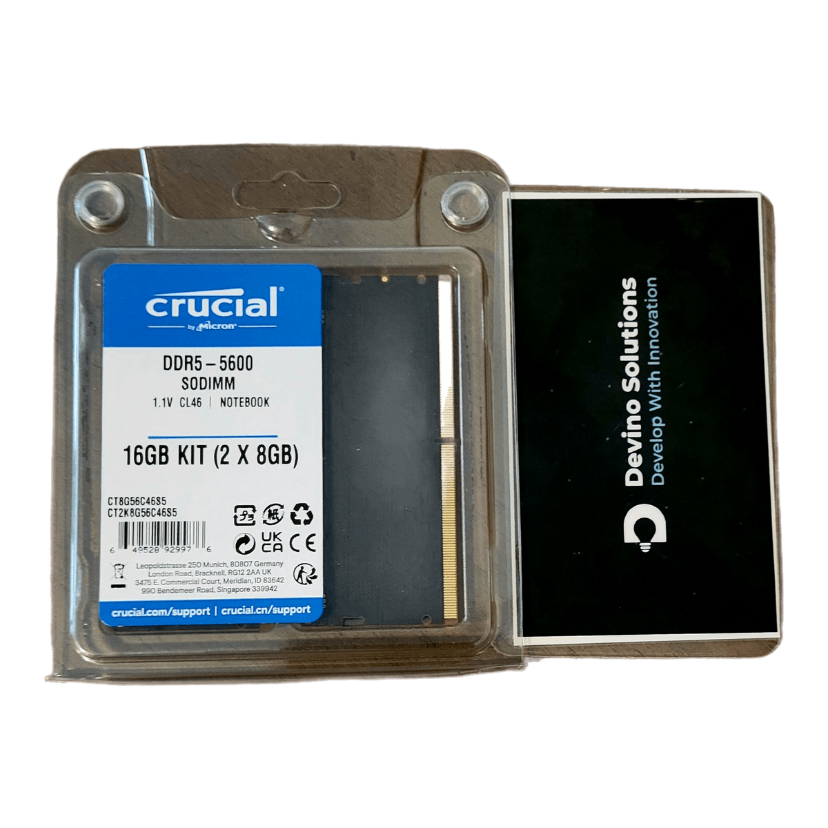 NEW Crucial 16GB Kit (2x8GB) DDR5 5600 MHz Laptop RAM Memory SODIMM Intel & AMD — single blister front + Devino card, model legible