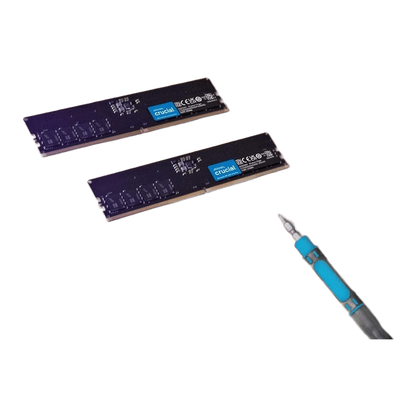 Crucial 16GB 32GB 64GB 128GB DDR5 5600MHz Desktop UDIMM RAM Kit AMD Expo XMP — Crucial mfr marketing; product shown; two sticks on wood ('Trusted Micron quality')