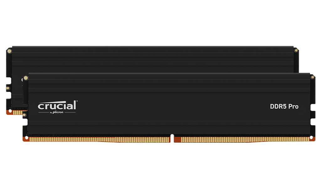 Crucial Pro 64GB (2x32GB) DDR5-5600 CL46 Desktop RAM (Black) — both modules, front view
