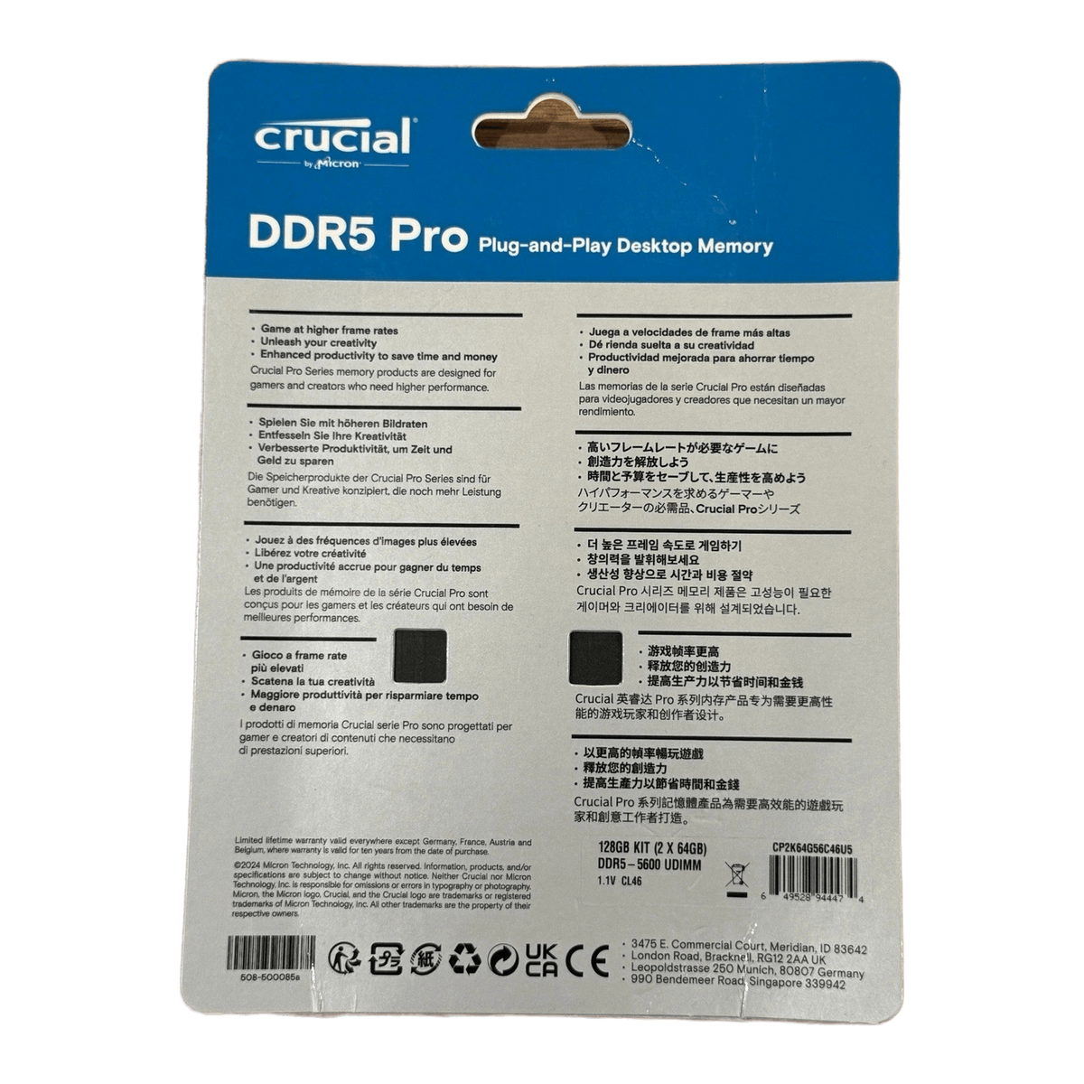 Crucial Pro 128GB (2x64GB) DDR5 5600MHz C46 Desktop Memory AMD EXPO + INTEL XMP — blister back / multilingual spec panel (blue Plug-and-Play label)