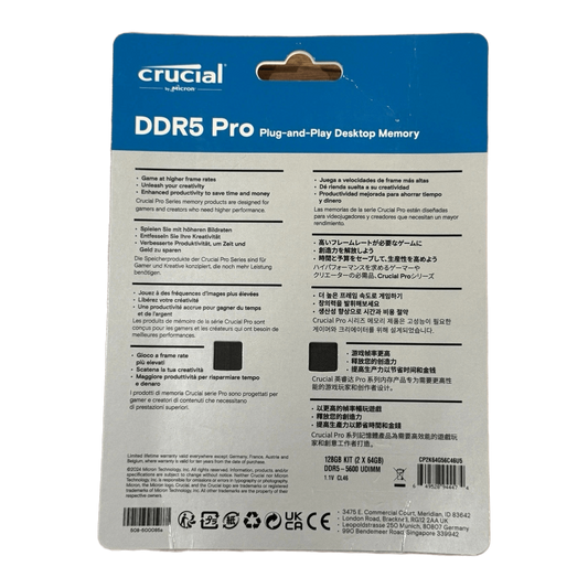 Crucial Pro 128GB (2x64GB) DDR5 5600MHz C46 Desktop Memory AMD EXPO + INTEL XMP — blister back / multilingual spec panel (blue Plug-and-Play label)