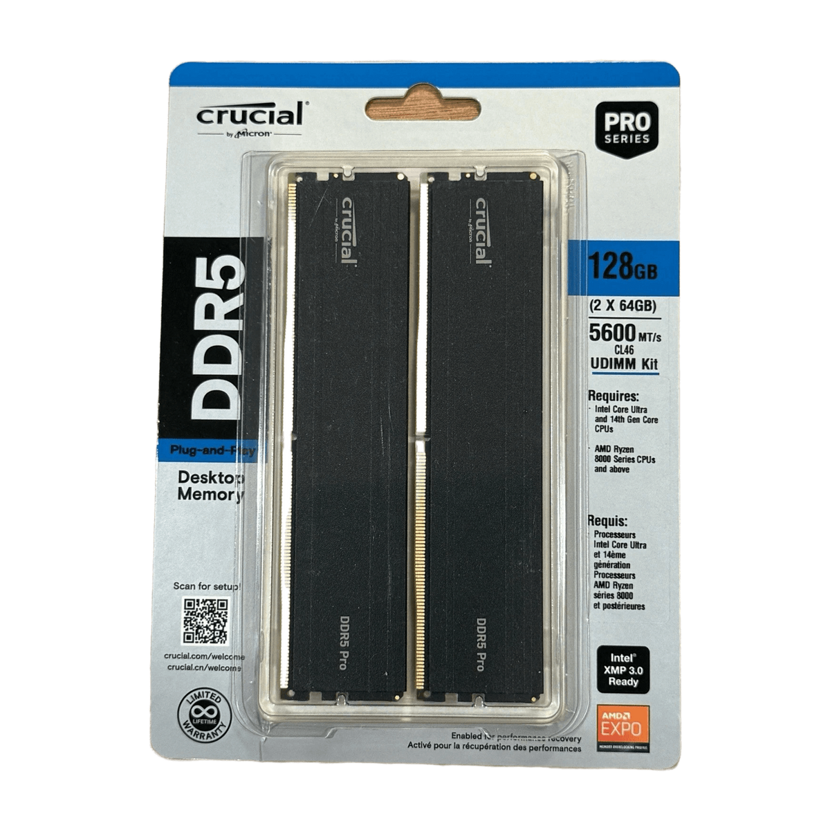 Crucial Pro 128GB (2x64GB) DDR5 5600MHz C46 Desktop Memory AMD EXPO + INTEL XMP — product photo