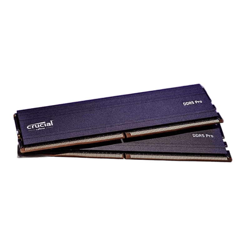 Crucial Pro DDR5 RAM 32GB Kit (2x16GB) 5600MHz CL46 XMP 3.0 & AMD Expo - Black — Crucial mfr marketing; product shown; two bare black DDR5 Pro sticks ('No fuss. Just fast. go pro')