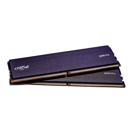 Crucial Pro DDR5 RAM 32GB Kit (2x16GB) 5600MHz CL46 XMP 3.0 & AMD Expo - Black — Crucial mfr marketing; product shown; two bare black DDR5 Pro sticks ('No fuss. Just fast. go pro')